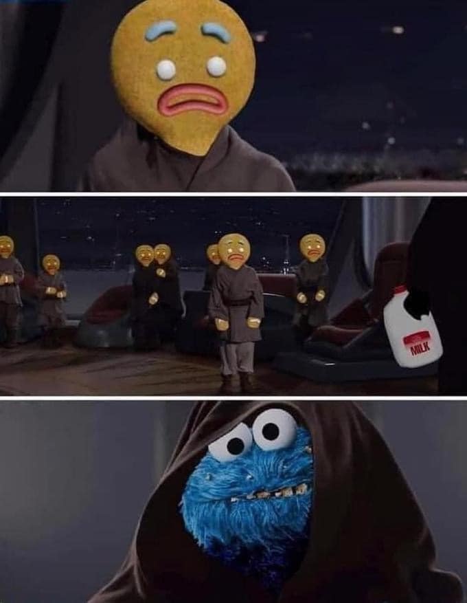 The meme features a character from the Star Wars franchise, Darth Vader, but with a humorous twist. Instead of his iconic helmet, he's wearing a mask of a cartoonish, emotive face, with a mix of emotions like sadness, anger, and frustration. The text "I find your lack of cookies disturbing" is written below, a playful reference to the original Star Wars line "I find your lack of faith disturbing".
